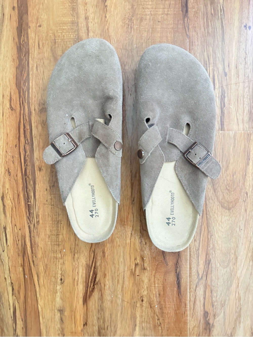 Women's Suede Slip-On Buckle Clog in Taupe